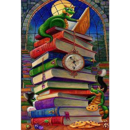 1000-Piece Premium Wooden Jigsaw Puzzle for Adults – Dragon and Book Nook | Artisan Crafted, Whimsical Shapes & Unique Designs, Best Relaxation Gift