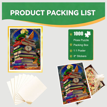 1000-Piece Premium Wooden Jigsaw Puzzle for Adults – Dragon and Book Nook | Artisan Crafted, Whimsical Shapes & Unique Designs, Best Relaxation Gift