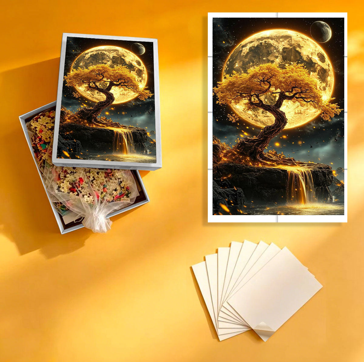 1000-Piece Premium Wooden Jigsaw Puzzle for Adults – Dreamy Golden Moon Tree | Artisan Crafted, Whimsical Shapes & Unique Designs, Best Relaxation Gift
