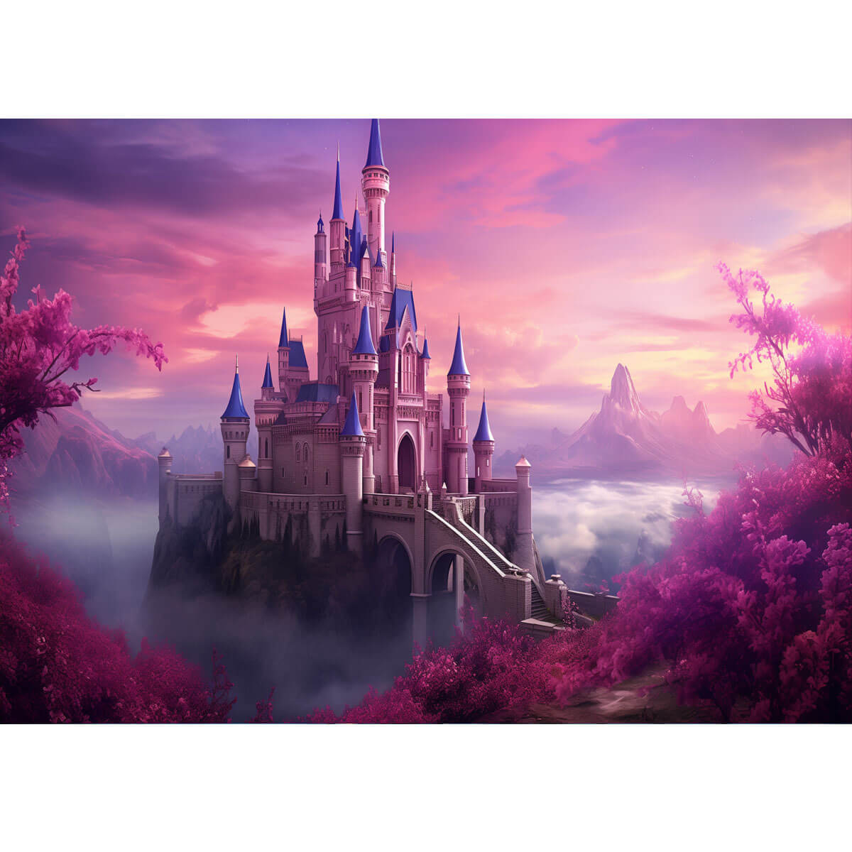 Wooden Jigsaw Puzzle 1000 Piece - Enchanting Fantasy Castle Amidst Pink Blossoms