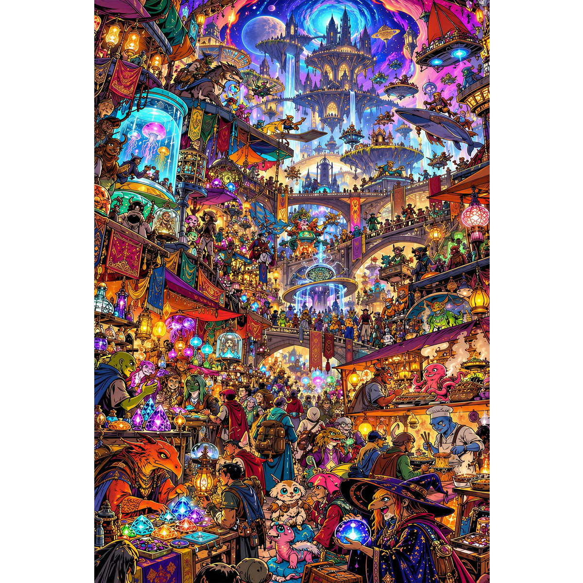 1000-Piece Premium Wooden Jigsaw Puzzle for Adults – Fantasy Market Wonderland | Artisan Crafted, Whimsical Shapes & Unique Designs, Best Relaxation Gift