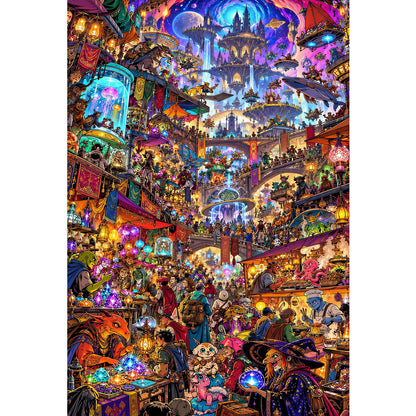 1000-Piece Premium Wooden Jigsaw Puzzle for Adults – Fantasy Market Wonderland | Artisan Crafted, Whimsical Shapes & Unique Designs, Best Relaxation Gift