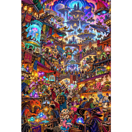1000-Piece Premium Wooden Jigsaw Puzzle for Adults – Fantasy Market Wonderland | Artisan Crafted, Whimsical Shapes & Unique Designs, Best Relaxation Gift