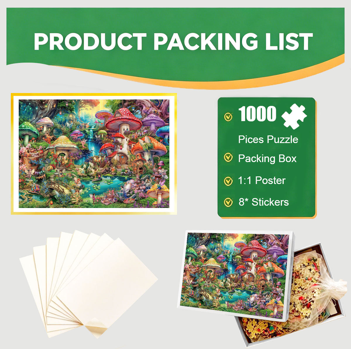 1000-Piece Premium Wooden Jigsaw Puzzle for Adults – Fantasy Mushroom Village | Artisan Crafted, Whimsical Shapes & Unique Designs, Best Relaxation Gift