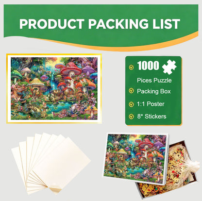 1000-Piece Premium Wooden Jigsaw Puzzle for Adults – Fantasy Mushroom Village | Artisan Crafted, Whimsical Shapes & Unique Designs, Best Relaxation Gift