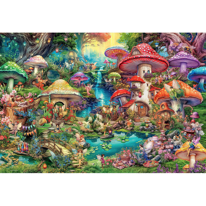 1000-Piece Premium Wooden Jigsaw Puzzle for Adults – Fantasy Mushroom Village | Artisan Crafted, Whimsical Shapes & Unique Designs, Best Relaxation Gift