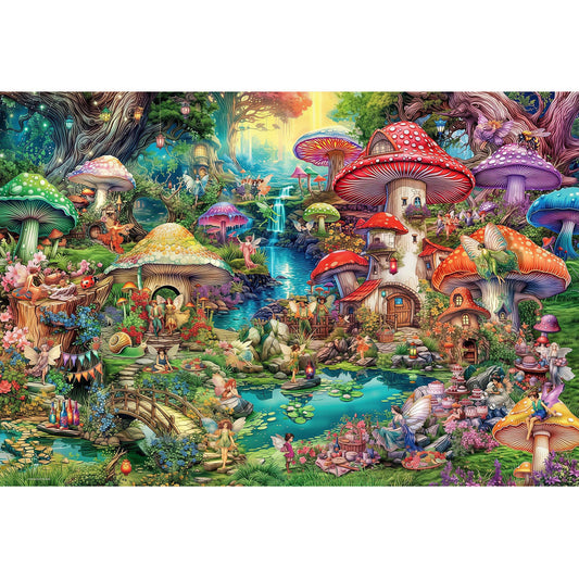 1000-Piece Premium Wooden Jigsaw Puzzle for Adults – Fantasy Mushroom Village | Artisan Crafted, Whimsical Shapes & Unique Designs, Best Relaxation Gift