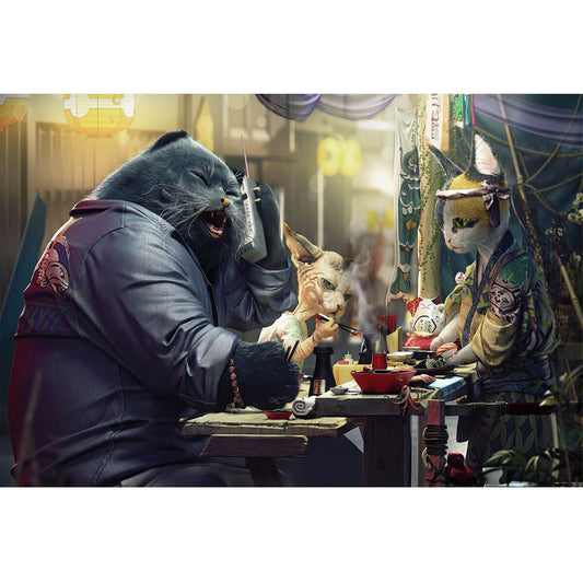 Wooden Jigsaw Puzzle 1000 Piece - Fantasy Oriental Cat Dinner