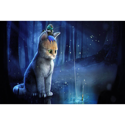 1000-Piece Premium Wooden Jigsaw Puzzle for Adults – Fishing Cat with Friend | Artisan Crafted, Whimsical Shapes & Unique Designs, Best Relaxation Gift