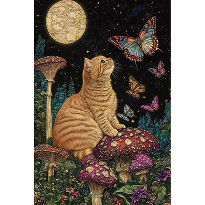 1000-Piece Premium Wooden Jigsaw Puzzle for Adults – Ginger Cat Under Moonlit Mushrooms | Artisan Crafted, Whimsical Shapes & Unique Designs, Best Relaxation Gift