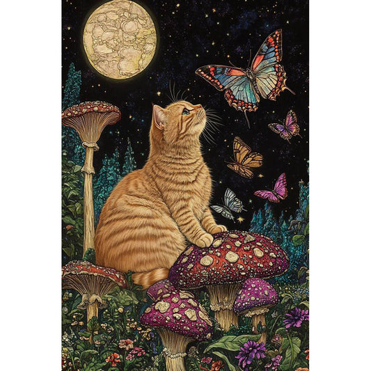 1000-Piece Premium Wooden Jigsaw Puzzle for Adults – Ginger Cat Under Moonlit Mushrooms | Artisan Crafted, Whimsical Shapes & Unique Designs, Best Relaxation Gift
