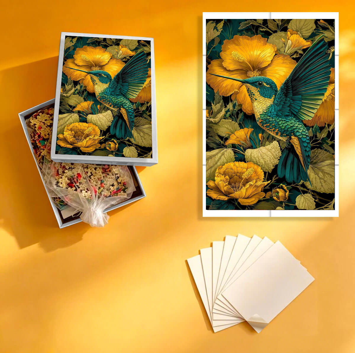 1000-Piece Premium Wooden Jigsaw Puzzle for Adults – Golden Blossom Hummingbird | Artisan Crafted, Whimsical Shapes & Unique Designs, Best Relaxation Gift