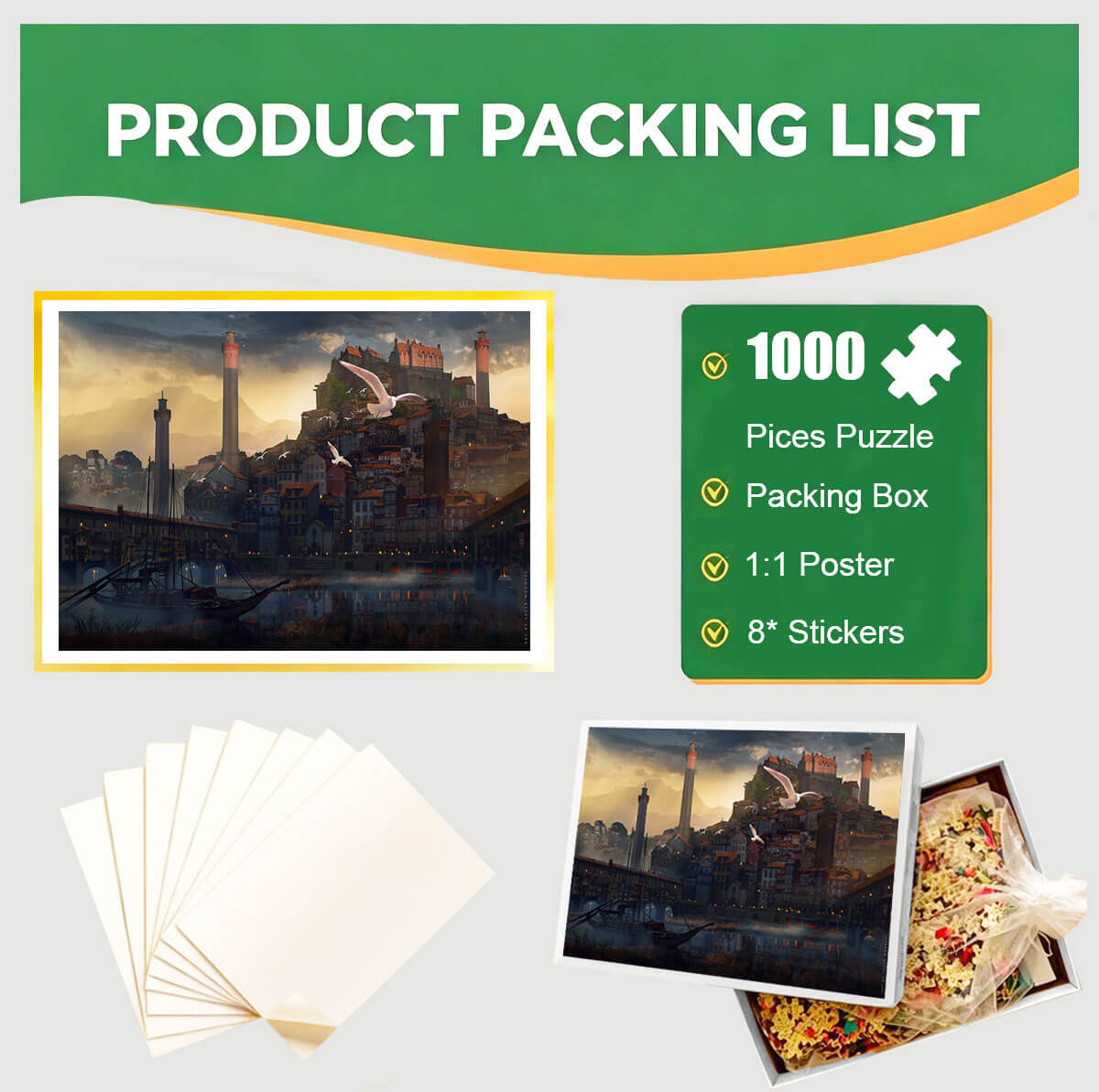 1000-Piece Premium Wooden Jigsaw Puzzle for Adults – Harbor Town | Artisan Crafted, Whimsical Shapes & Unique Designs, Best Relaxation Gift