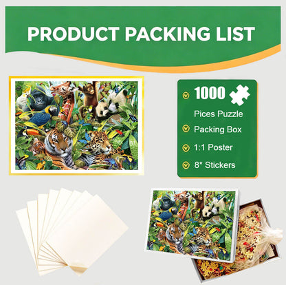 1000-Piece Premium Wooden Jigsaw Puzzle for Adults – ‌Jungle Animals Gathering | Artisan Crafted, Whimsical Shapes & Unique Designs, Best Relaxation Gift