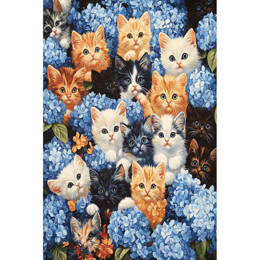 1000-Piece Premium Wooden Jigsaw Puzzle for Adults – Kittens in Blue Hydrangeas | Artisan Crafted, Whimsical Shapes & Unique Designs, Best Relaxation Gift