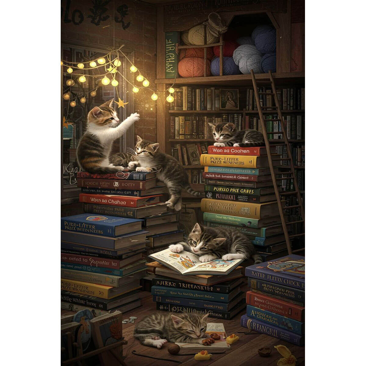 1000-Piece Premium Wooden Jigsaw Puzzle for Adults – Kittens in Library | Artisan Crafted, Whimsical Shapes & Unique Designs, Best Relaxation Gift