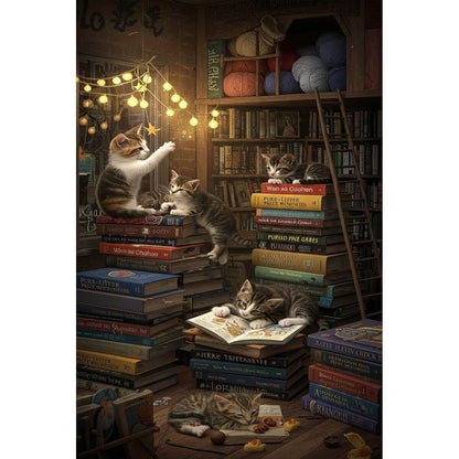 1000-Piece Premium Wooden Jigsaw Puzzle for Adults – Kittens in Library | Artisan Crafted, Whimsical Shapes & Unique Designs, Best Relaxation Gift