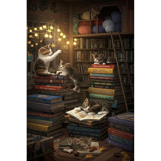 1000-Piece Premium Wooden Jigsaw Puzzle for Adults – Kittens in Library | Artisan Crafted, Whimsical Shapes & Unique Designs, Best Relaxation Gift