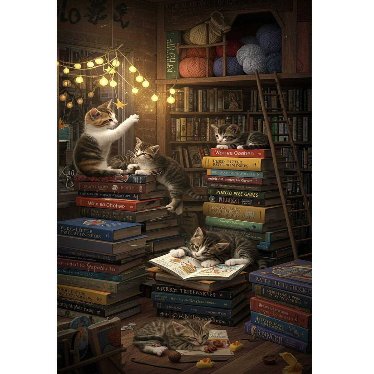 1000-Piece Premium Wooden Jigsaw Puzzle for Adults – Kittens in Library | Artisan Crafted, Whimsical Shapes & Unique Designs, Best Relaxation Gift