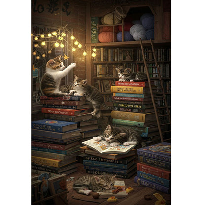1000-Piece Premium Wooden Jigsaw Puzzle for Adults – Kittens in Library | Artisan Crafted, Whimsical Shapes & Unique Designs, Best Relaxation Gift