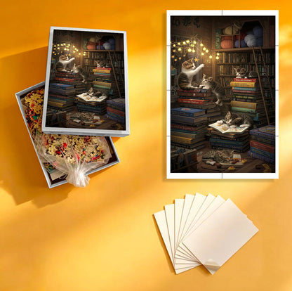 1000-Piece Premium Wooden Jigsaw Puzzle for Adults – Kittens in Library | Artisan Crafted, Whimsical Shapes & Unique Designs, Best Relaxation Gift