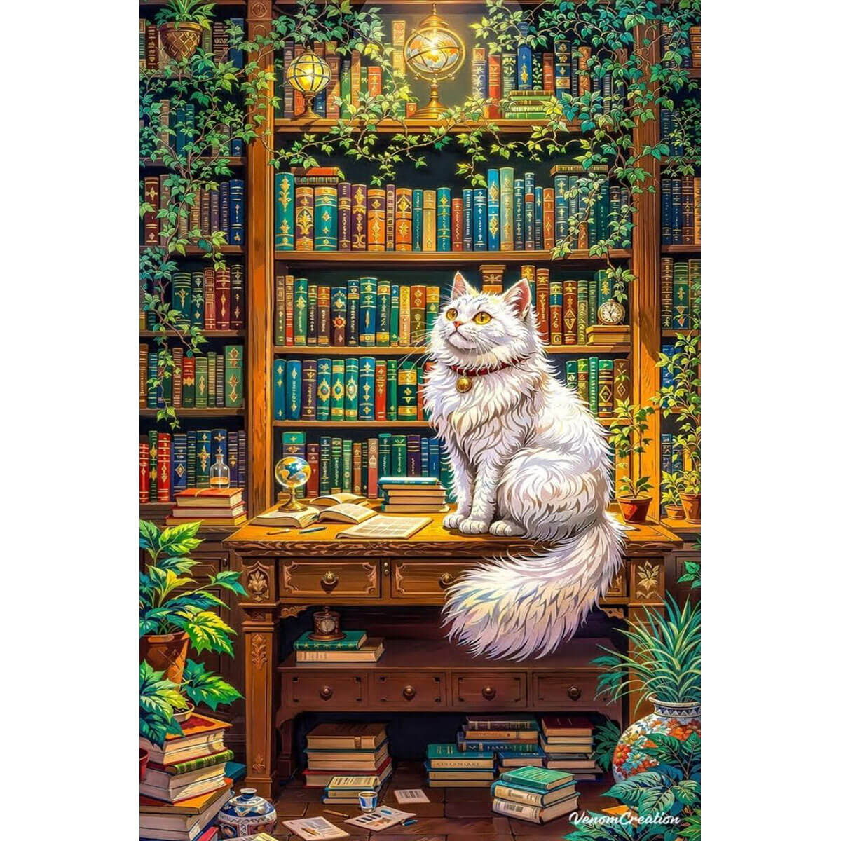 1000-Piece Premium Wooden Jigsaw Puzzle for Adults – Library Cat | Artisan Crafted, Whimsical Shapes & Unique Designs, Best Relaxation Gift