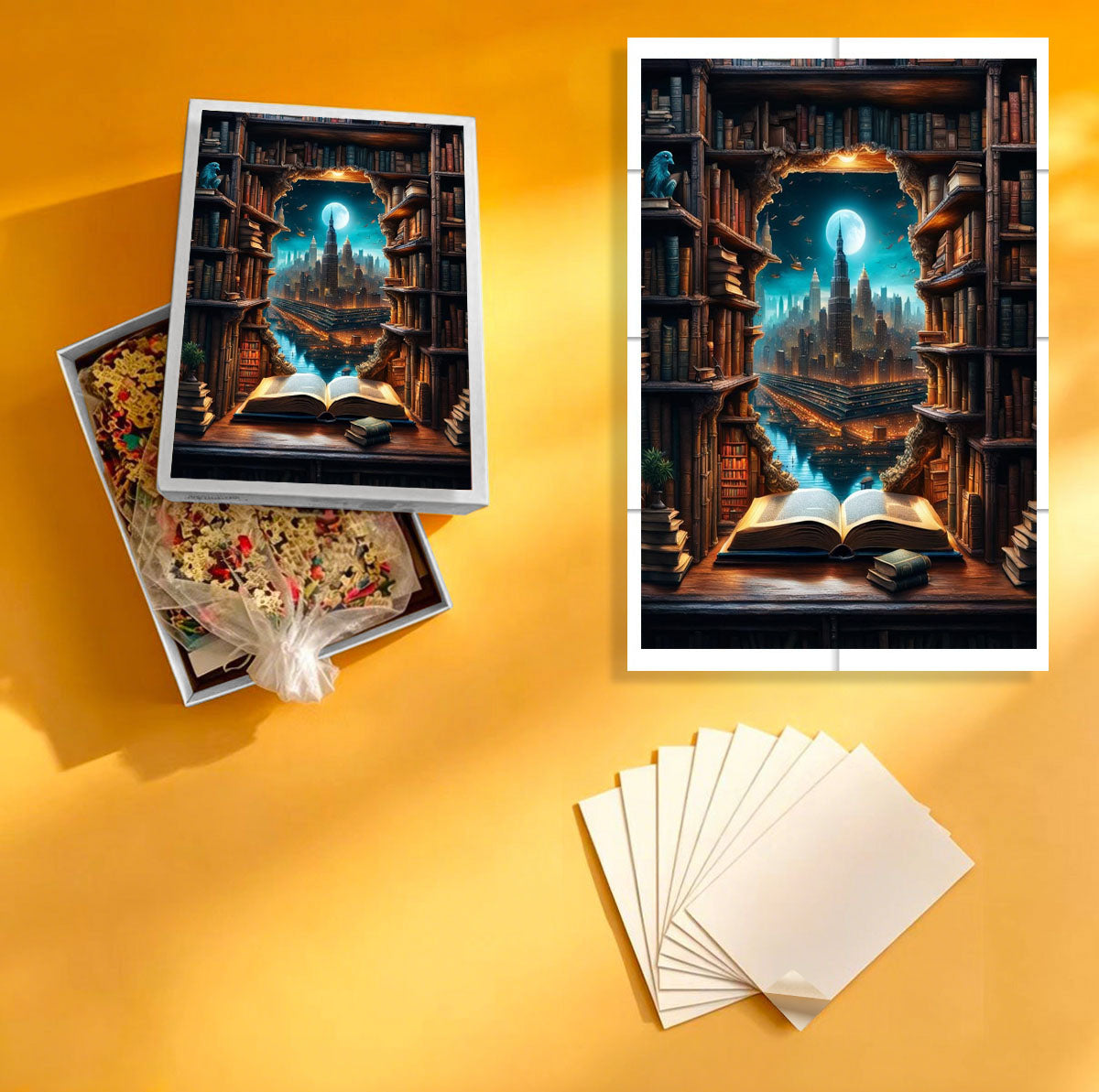 1000-Piece Premium Wooden Jigsaw Puzzle for Adults – Library Night View | Artisan Crafted, Whimsical Shapes & Unique Designs, Best Relaxation Gift