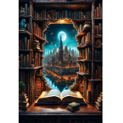 1000-Piece Premium Wooden Jigsaw Puzzle for Adults – Library Night View | Artisan Crafted, Whimsical Shapes & Unique Designs, Best Relaxation Gift