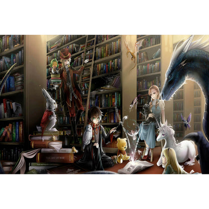 Wooden Jigsaw Puzzle 1000 Piece - Magical Library with Fantasy Characters