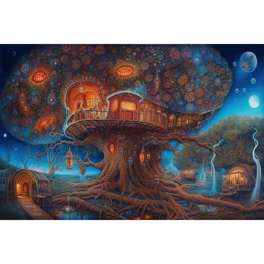 1000-Piece Premium Wooden Jigsaw Puzzle for Adults – Magical Treehouse | Artisan Crafted, Whimsical Shapes & Unique Designs, Best Relaxation Gift