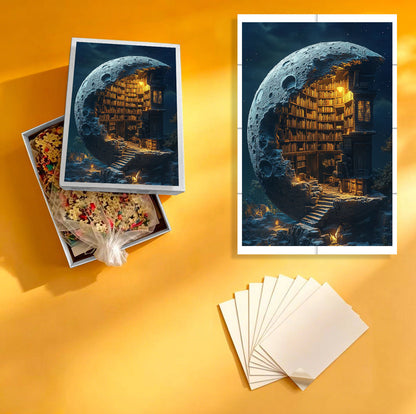 1000-Piece Premium Wooden Jigsaw Puzzle for Adults –Moon Library | Artisan Crafted, Whimsical Shapes & Unique Designs, Best Relaxation Gift