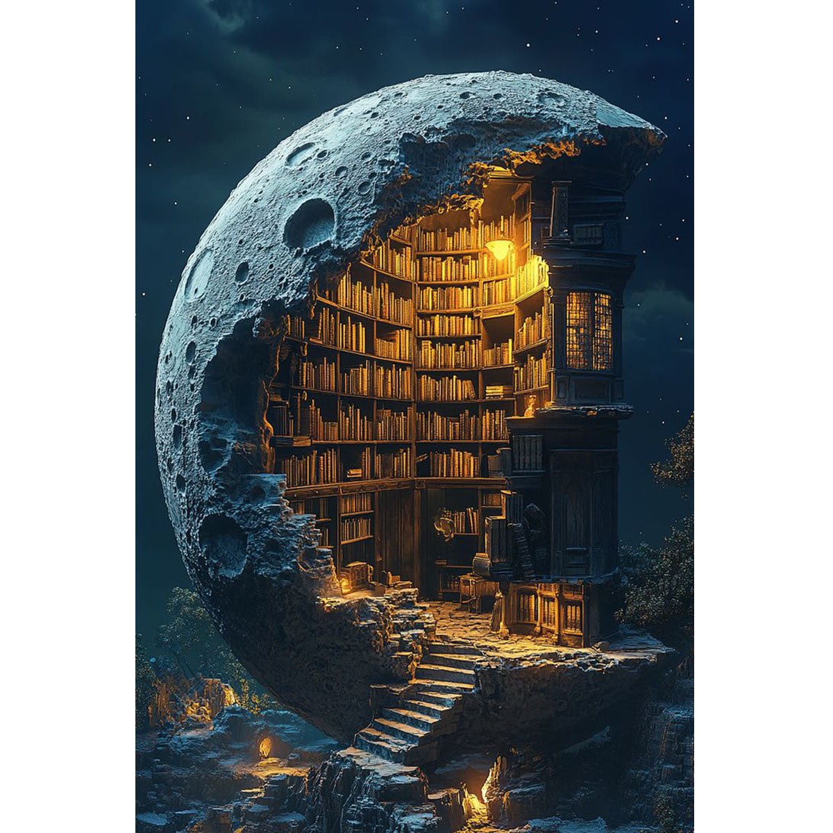 1000-Piece Premium Wooden Jigsaw Puzzle for Adults –Moon Library | Artisan Crafted, Whimsical Shapes & Unique Designs, Best Relaxation Gift