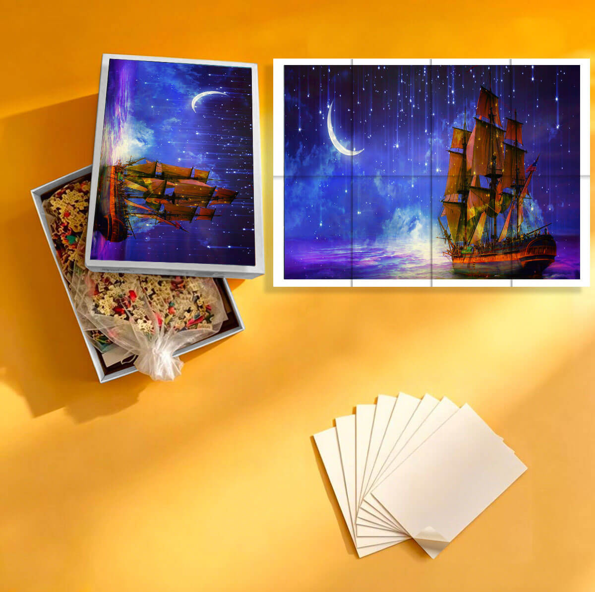 1000-Piece Premium Wooden Jigsaw Puzzle for Adults – Moonlit Starship Voyage | Artisan Crafted, Whimsical Shapes & Unique Designs, Best Relaxation Gift