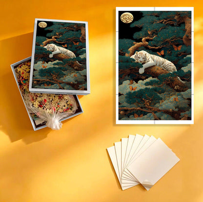1000-Piece Premium Wooden Jigsaw Puzzle for Adults – Moonlit White Tiger Forest | Artisan Crafted, Whimsical Shapes & Unique Designs, Best Relaxation Gift