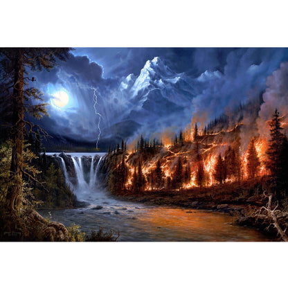 1000-Piece Premium Wooden Jigsaw Puzzle for Adults – Mountain Fire and Waterfall | Artisan Crafted, Whimsical Shapes & Unique Designs, Best Relaxation Gift