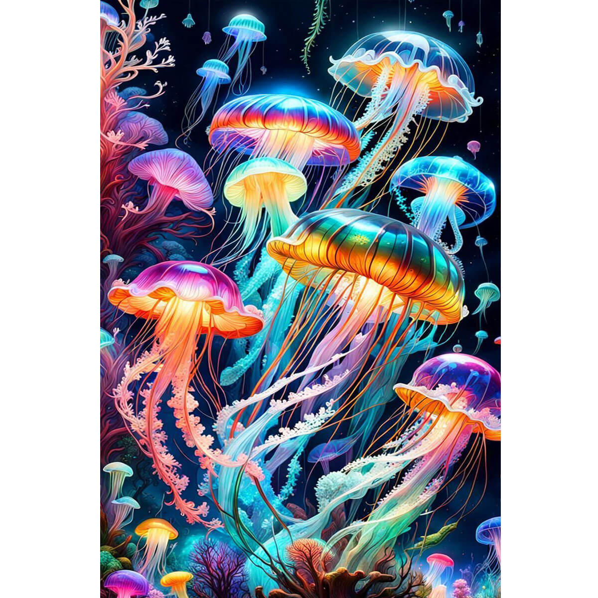 Wooden Jigsaw Puzzle 1000 Piece - Neon Jellyfish in the Deep Sea
