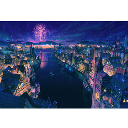1000-Piece Premium Wooden Jigsaw Puzzle for Adults – Night City with Fireworks | Artisan Crafted, Whimsical Shapes & Unique Designs, Best Relaxation Gift