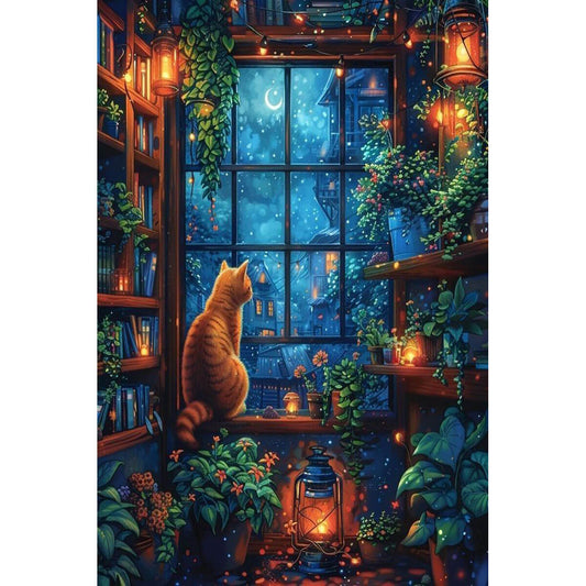 1000-Piece Premium Wooden Jigsaw Puzzle for Adults – Night Window Cat | Artisan Crafted, Whimsical Shapes & Unique Designs, Best Relaxation Gift