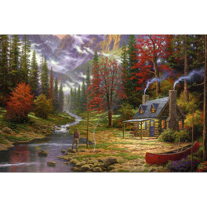 1000-Piece Premium Wooden Jigsaw Puzzle for Adults – Oil Painting - Forest Cabin | Artisan Crafted, Whimsical Shapes & Unique Designs, Best Relaxation Gift