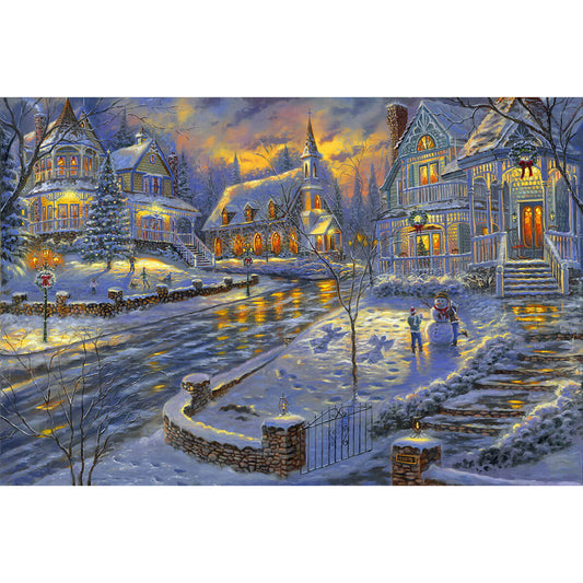 Wooden Jigsaw Puzzle 1000 Piece - Oil Painting - Magical Winter Village at Dusk