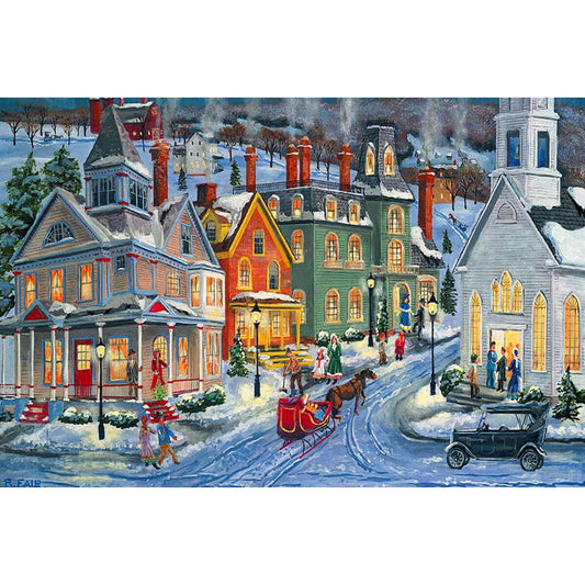 Wooden Jigsaw Puzzle 1000 Piece - Oil Painting - Snowy Town Christmas Scene