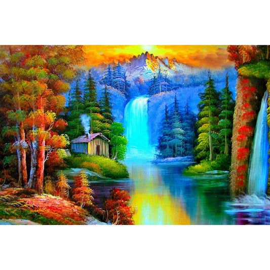 1000-Piece Premium Wooden Jigsaw Puzzle for Adults – Oil Painting - Waterfall Cabin | Artisan Crafted, Whimsical Shapes & Unique Designs, Best Relaxation Gift
