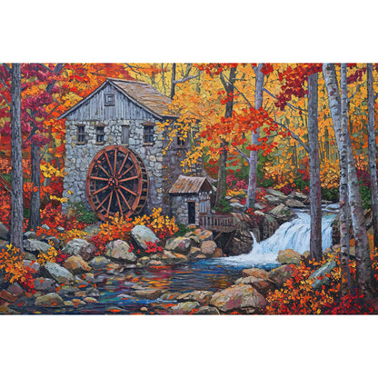 1000-Piece Premium Wooden Jigsaw Puzzle for Adults – Old Mill Autumn Forest | Artisan Crafted, Whimsical Shapes & Unique Designs, Best Relaxation Gift
