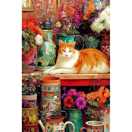 1000-Piece Premium Wooden Jigsaw Puzzle for Adults – Orange Cat with Colorful Vases | Artisan Crafted, Whimsical Shapes & Unique Designs, Best Relaxation Gift
