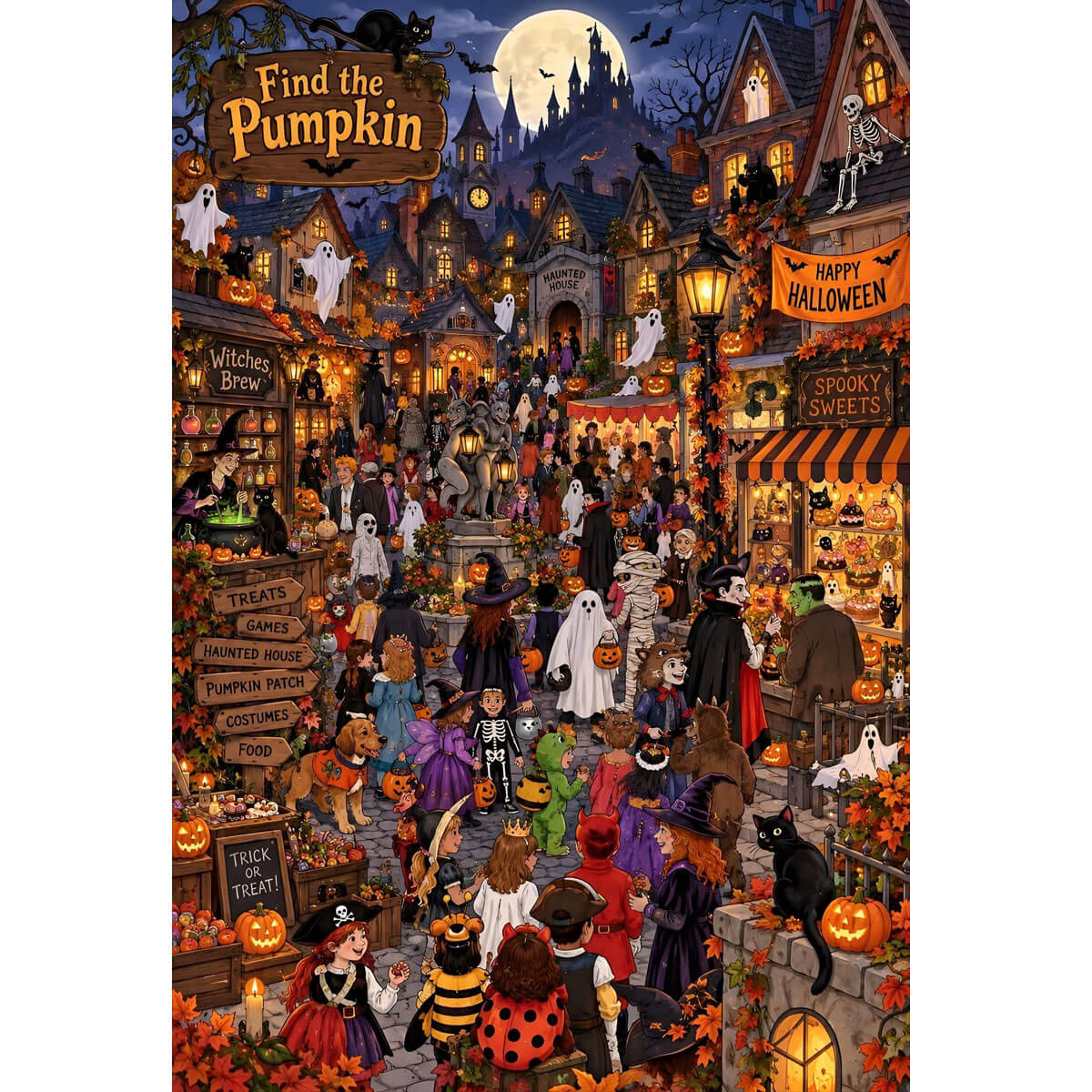 1000-Piece Premium Wooden Jigsaw Puzzle for Adults – Pumpkin Hunt in the Halloween Town | Artisan Crafted, Whimsical Shapes & Unique Designs, Best Relaxation Gift