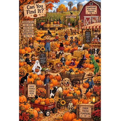 1000-Piece Premium Wooden Jigsaw Puzzle for Adults – Pumpkin Patch Festivities and Fall Fun | Artisan Crafted, Whimsical Shapes & Unique Designs, Best Relaxation Gift