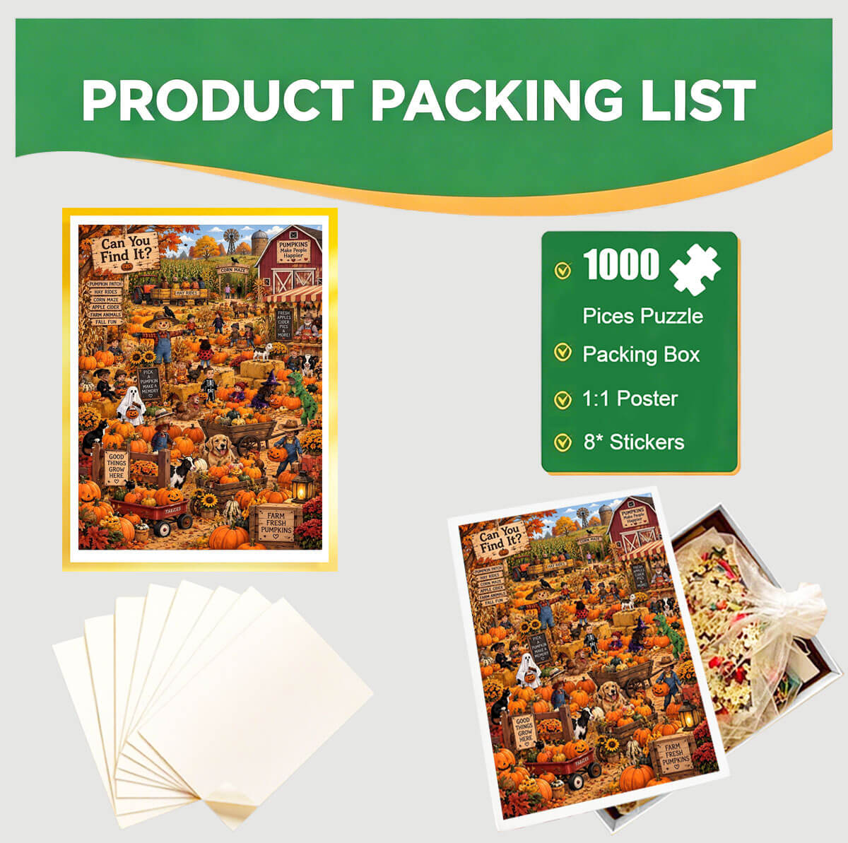 1000-Piece Premium Wooden Jigsaw Puzzle for Adults – Pumpkin Patch Festivities and Fall Fun | Artisan Crafted, Whimsical Shapes & Unique Designs, Best Relaxation Gift