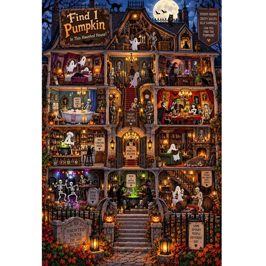 1000-Piece Premium Wooden Jigsaw Puzzle for Adults – Pumpkin Search in the Haunted Mansion| Artisan Crafted, Whimsical Shapes & Unique Designs, Best Relaxation Gift