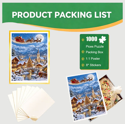 1000-Piece Premium Wooden Jigsaw Puzzle for Adults – Santa's Sleigh Over Alpine Village| Artisan Crafted, Whimsical Shapes & Unique Designs, Best Relaxation Gift