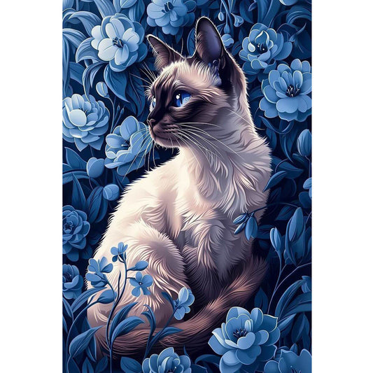 Wooden Jigsaw Puzzle 1000 Piece - Siamese Cat in Blue Blooms
